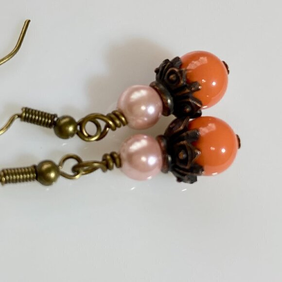 Coral Austrian Crystal Pearls Earrings - Picture 9 of 10